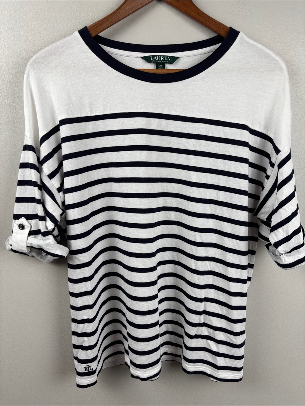 Lauren Ralph Lauren White & Navy Striped Short-Sleeve Tee roll sleeve accent LRL
